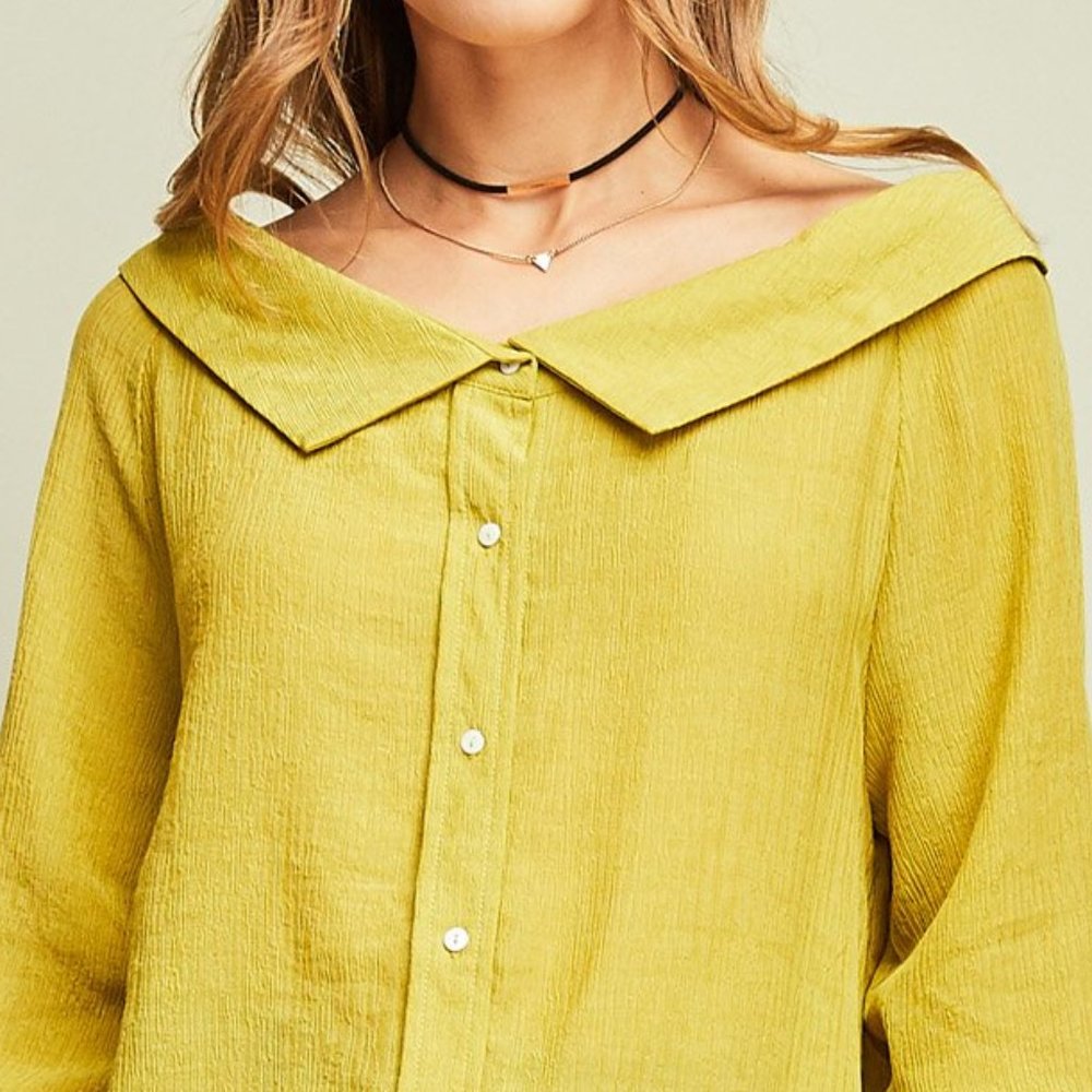 Off Shoulder Button Down Top -Moss - Picture 2 of 7